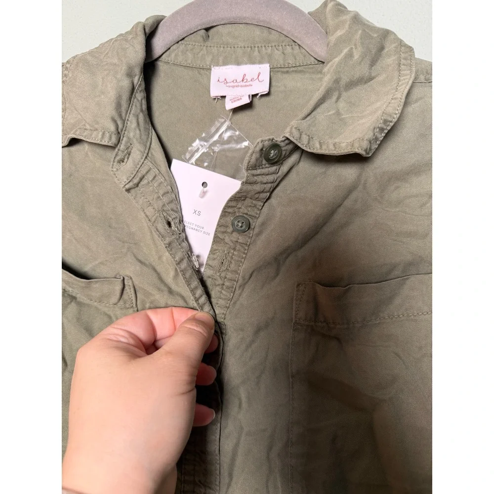 Isabel Maternity XS Olive Green Button Down Tiered Midi Shirt Dress NWT